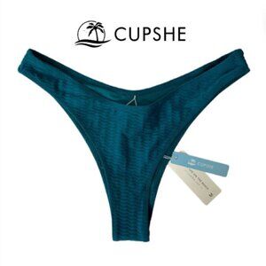 Cupshe Teal Blue High Leg Cheeky Bikini Swim Bottoms, Medium
